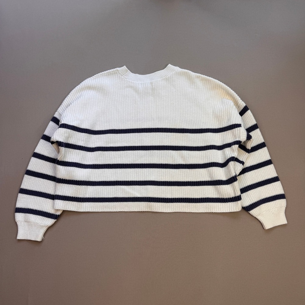 Hollister White Navy Striped Crewneck Sweater Medium Cropped Coastal Nautical